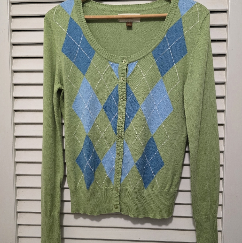 Sonoma Women's Argyle Cardigan M Green Blue EUC Preppy Spring Lightweight - Picture 5 of 6